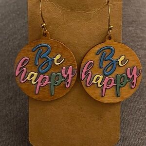Colorful 'Be Happy' Wooden Earrings